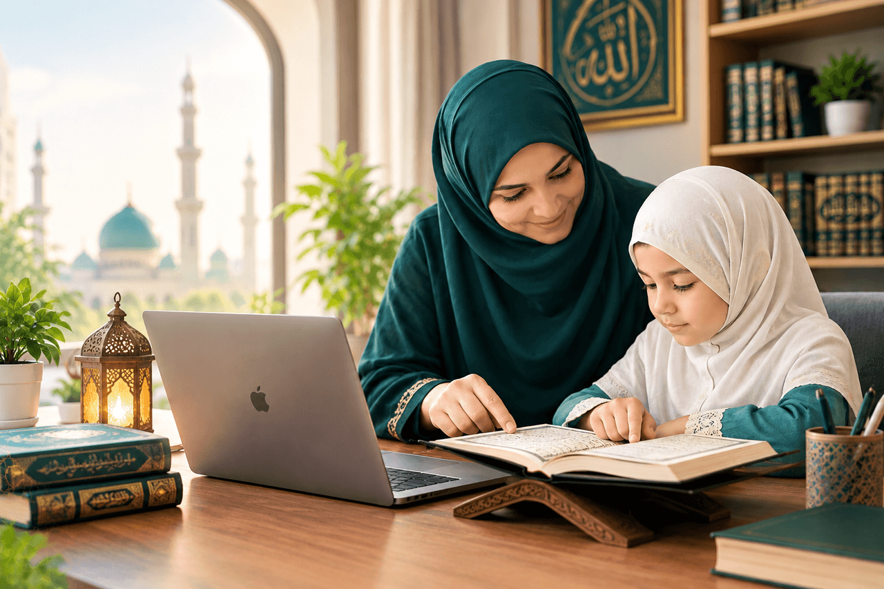 A female Quran tutor guiding a young student through an online Quran lesson
